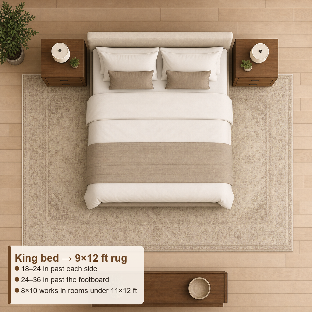 What Size Rug for a King Bed? A Room-by-Room Guide (2026) 1 king bed rug size layout diagram