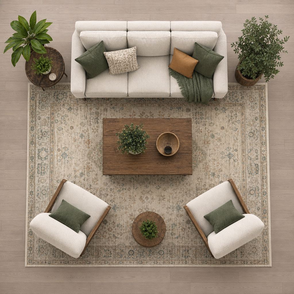How Big Should a Living Room Rug Be? A Sizing Guide (2026) 1 living room rug size diagram