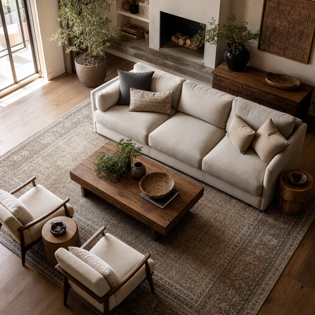 How Far Should A Rug Go Under A Couch sizing example