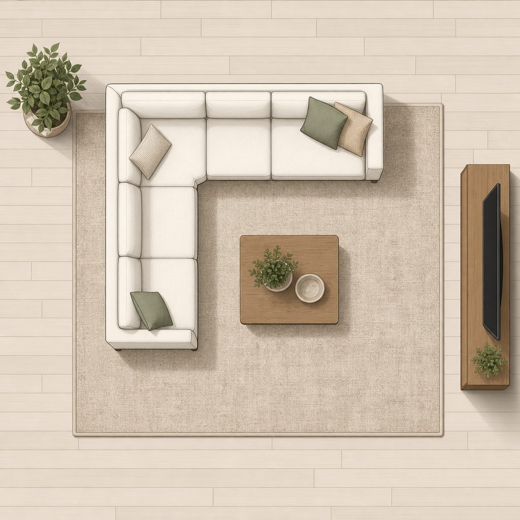sectional sofa rug size layout diagram