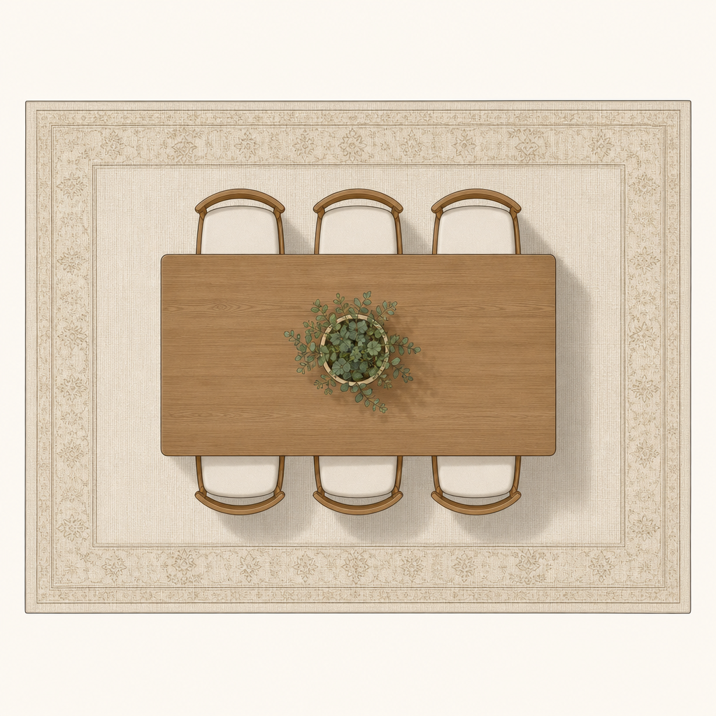 What Size Rug Under a Dining Table? The 24-Inch Rule (2026) 1 rug under dining table size layout diagram